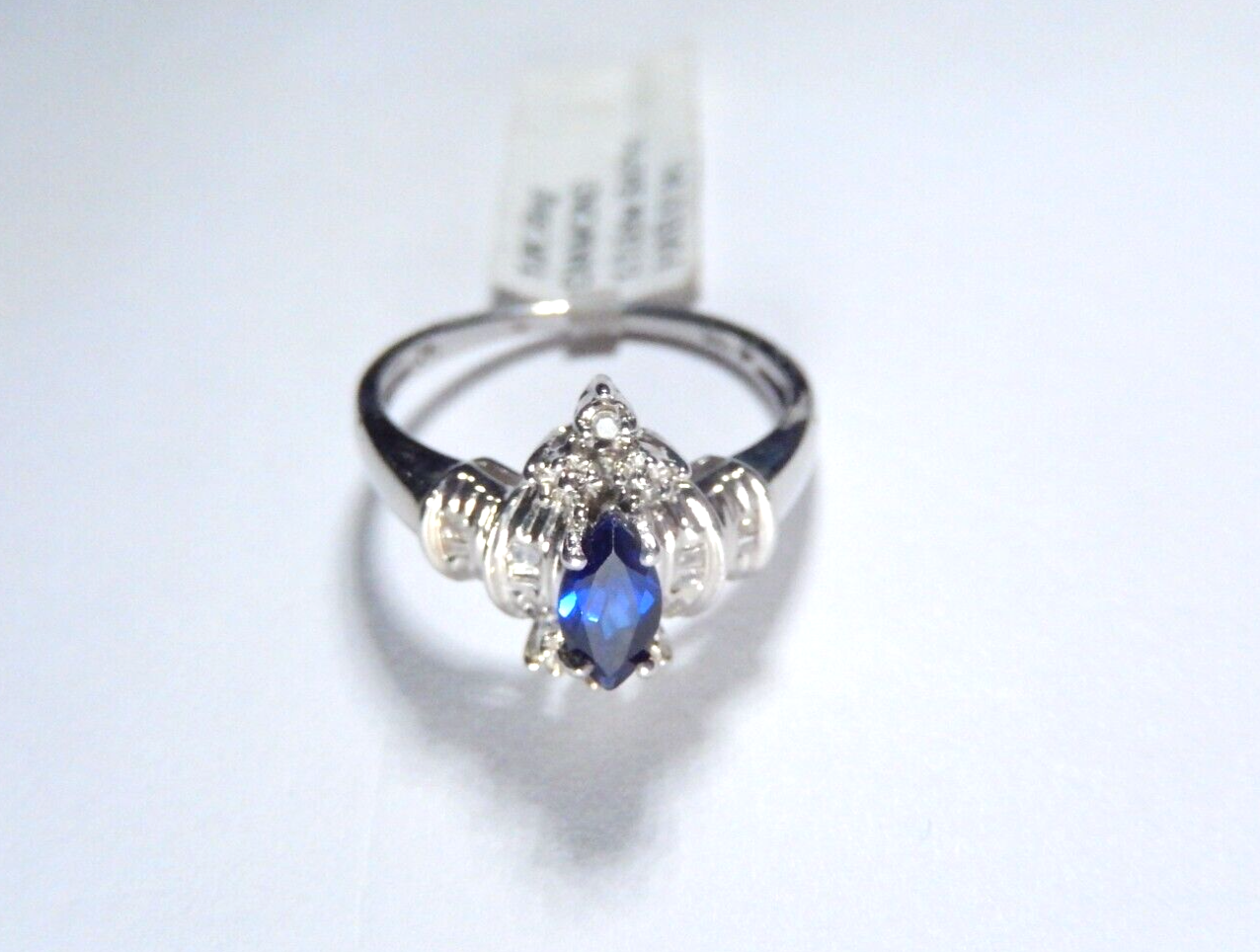 *NWT* 10k White Gold Lab Created Blue Sapphire and Diamond Ring Size 7