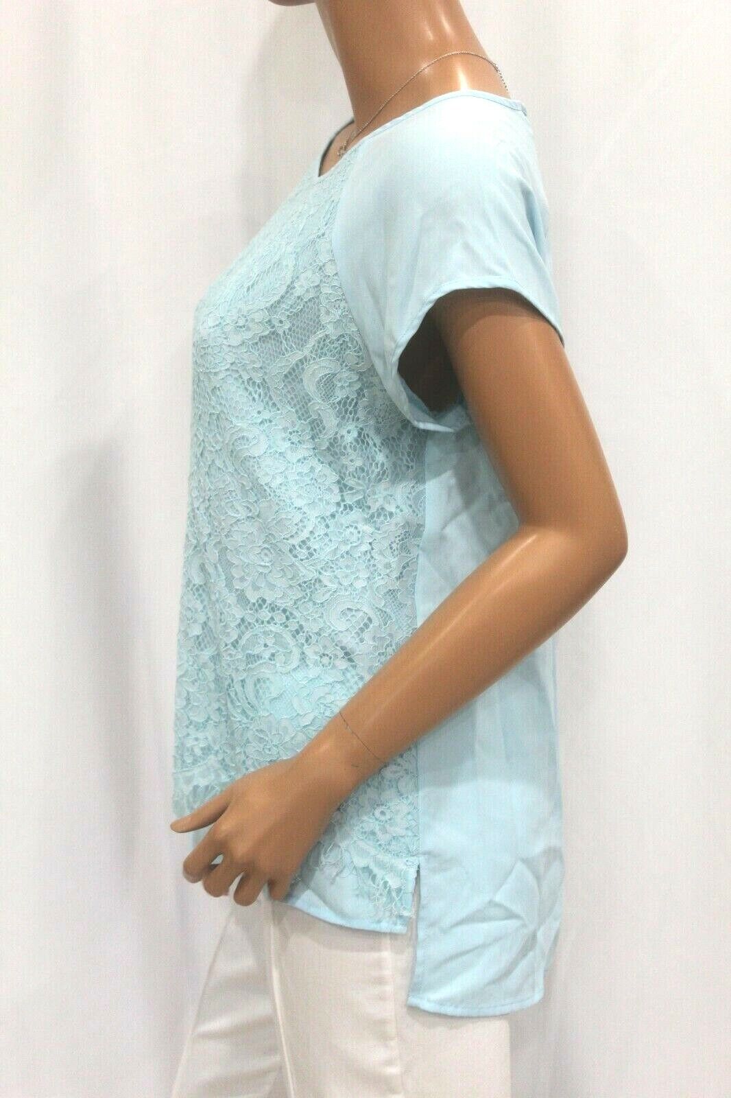 CHICO’S Blue Lace Front Short Sleeve Blouse With Fringe Lace Hem SIZE 1 - CUTE