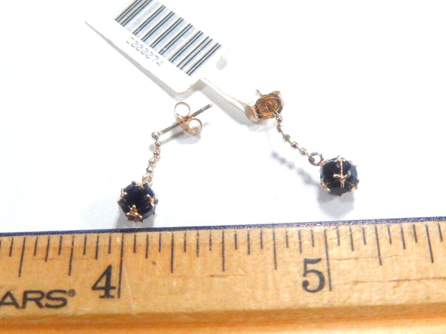 *VINTAGE*  14K Solid Yellow Gold Beaded Dangle Black Onyx  5.5 mm Earrings