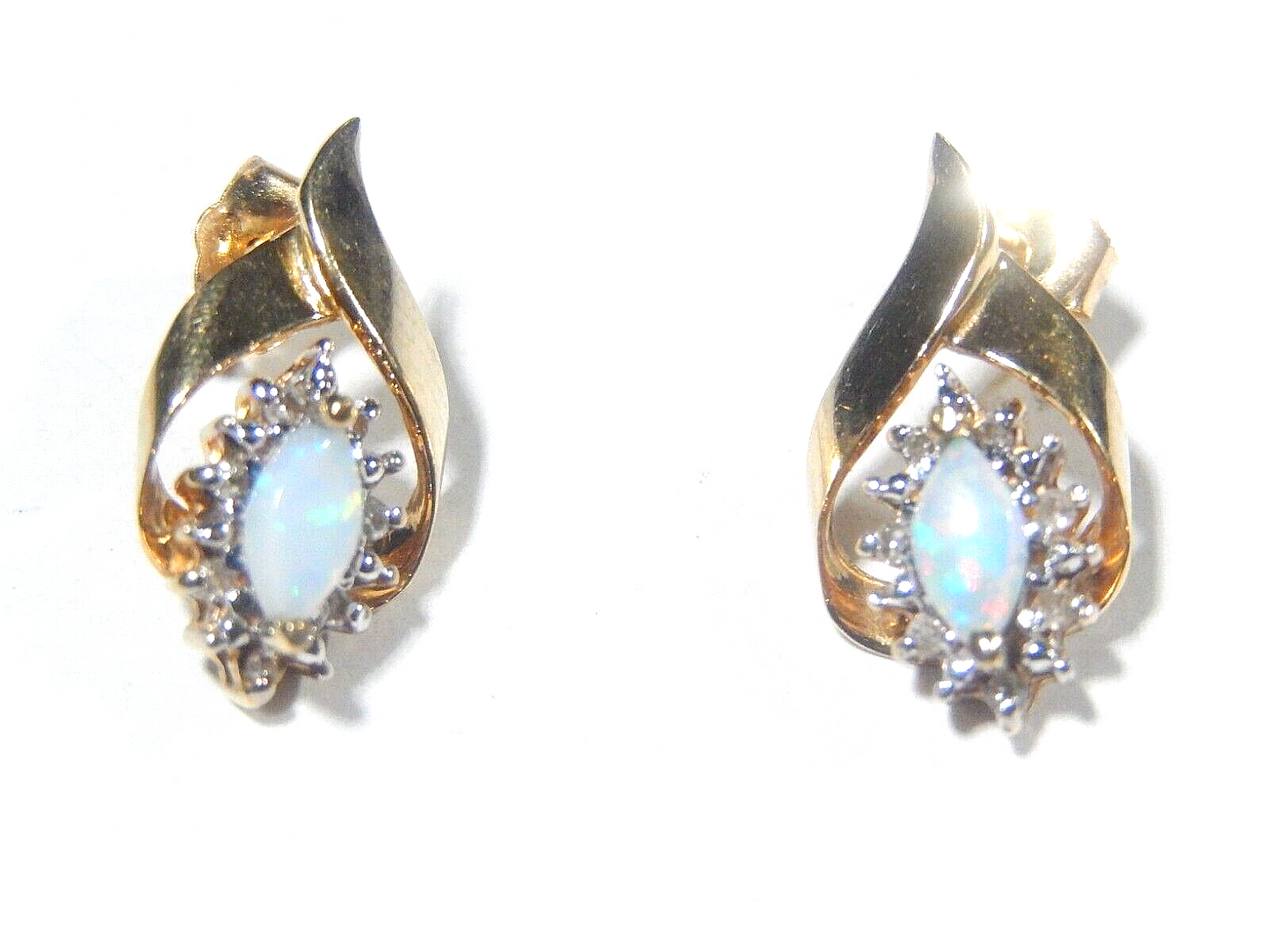 *VINTAGE* 10k Yellow Gold Marquise Opal And Diamond Halo Earrings