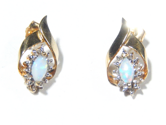*VINTAGE* 10k Yellow Gold Marquise Opal And Diamond Halo Earrings