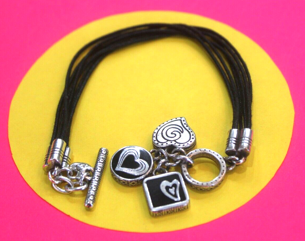 RETIRED Brighton Silver And Black Hearts Bracelet on Six Cords Bracelet Toggle