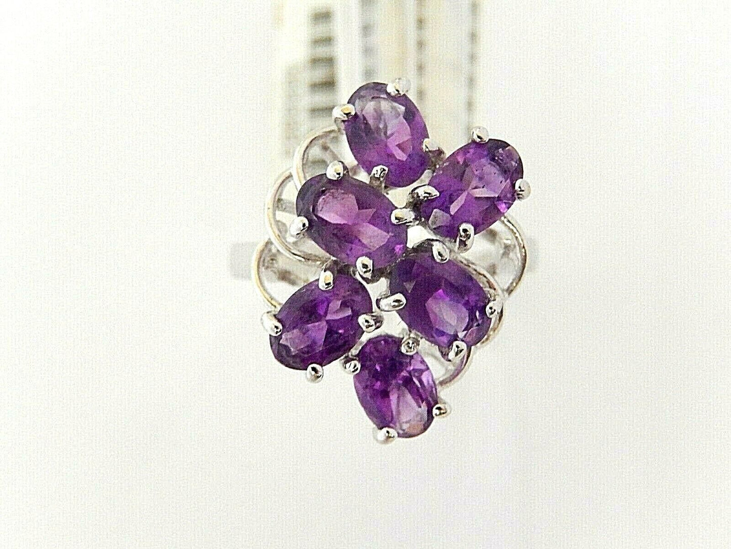 14K White Gold Genuine 3.00CT Six Oval Amethyst Cluster  Ring Size 7.5