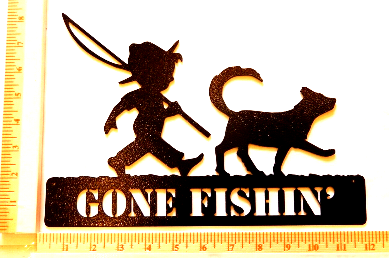 *NEW* 14ga. "GONE FISHIN" Boy & Dog 12" x 8" Powder Coated Black Metal Wall Art