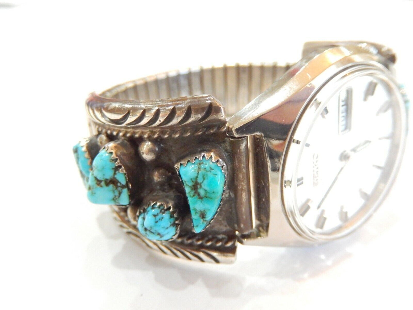 SEIKO  Auto - Native American Sterling Silver & Turquoise Watch Tips Signed JH