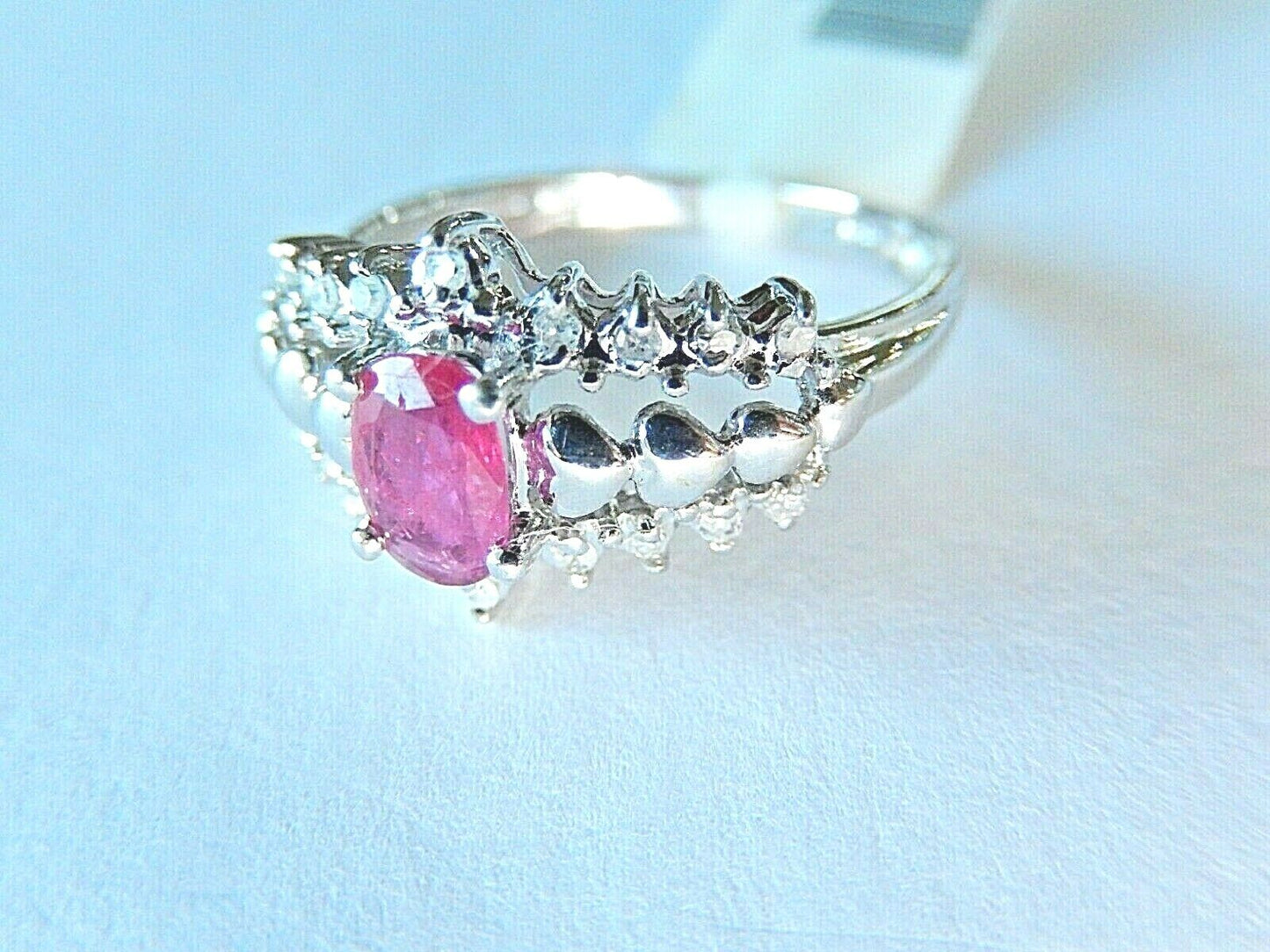 *NWT* 10k White Gold 1/2CT Oval Ruby and 1/5CT Diamond Heart Ring Size 6.5