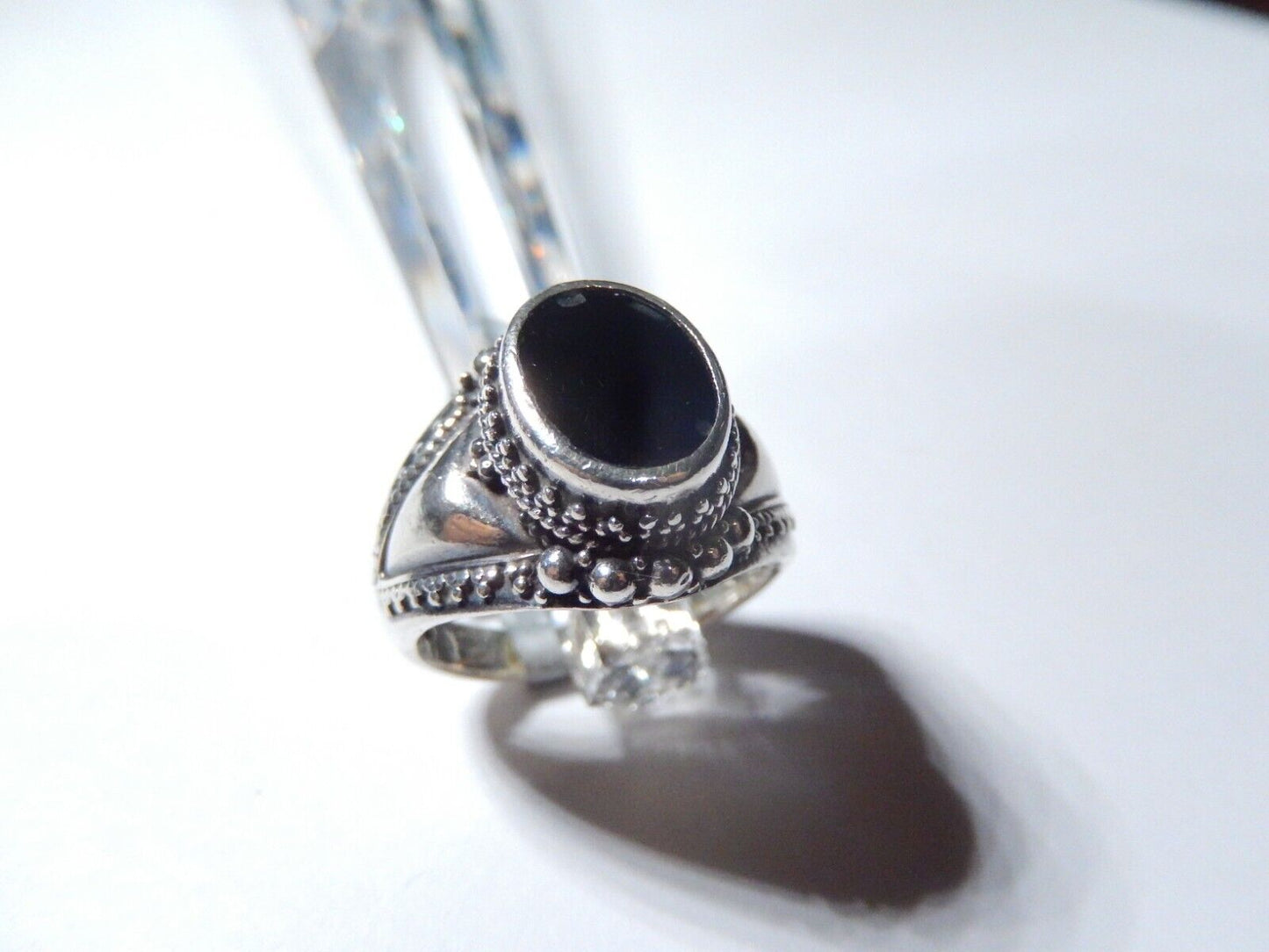 925 Sterling Silver Vintage Real Black Onyx Gem Oval Beaded Ring Size 7.25