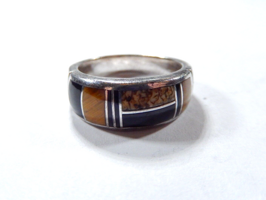 *VINTAGE*  Signed Navajo Inlay Multi Stone Sterling Silver Band Ring Size 6.75