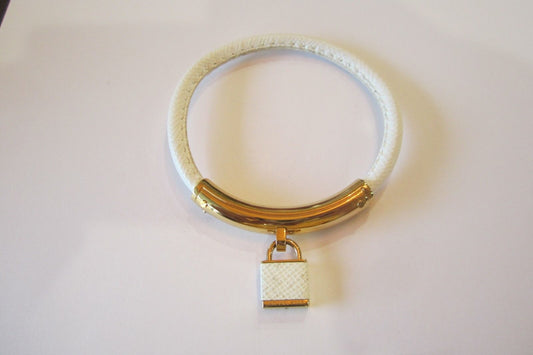 NWOT Michael Kors  Logo Lock White Leather Gold Tone Bangle Bracelet *STUNNING*