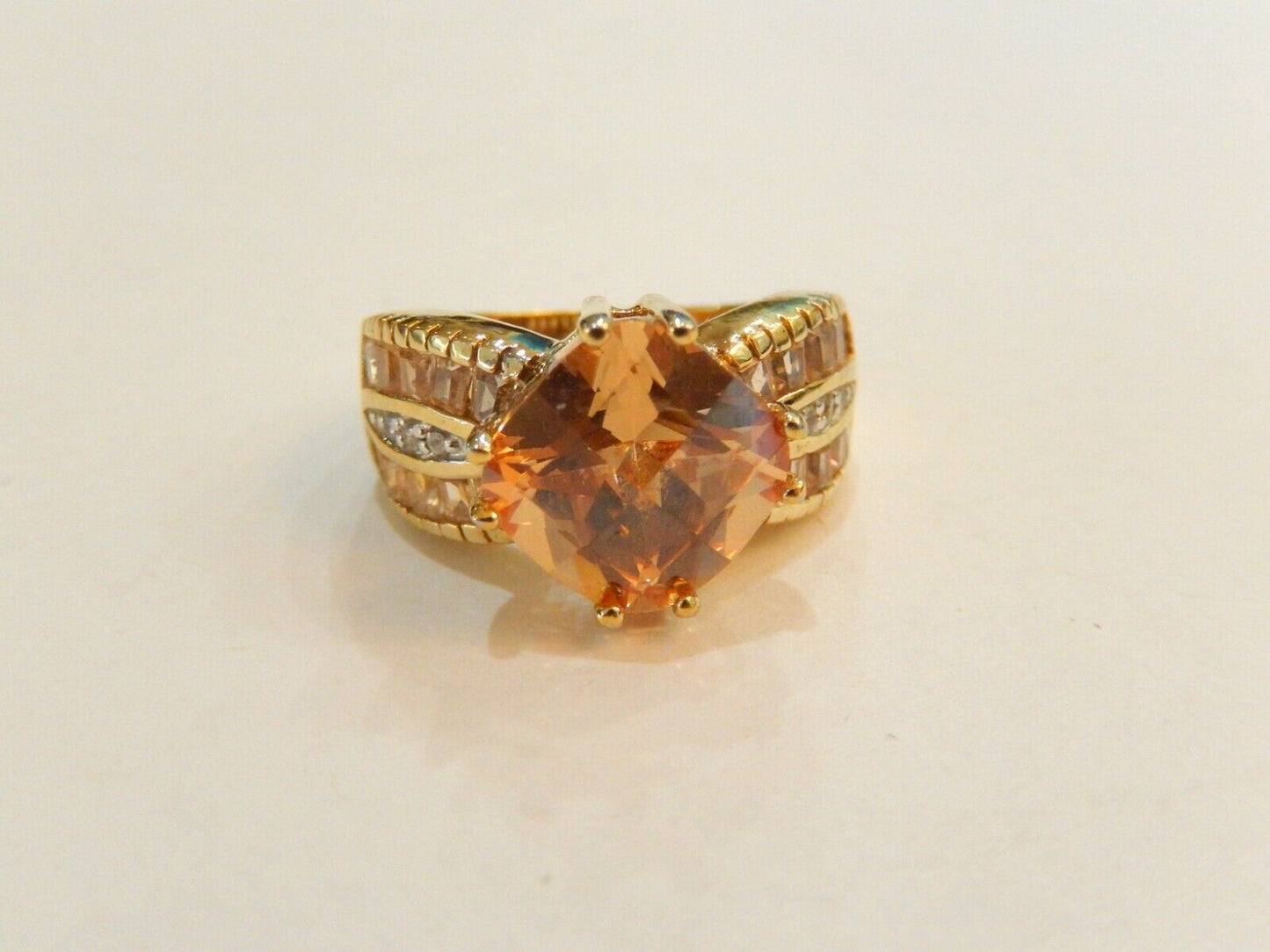 14K Gold Vermeil Sterling 5.00 CT Madeira Citrine & CZ Solitaire Ring Size 5.5