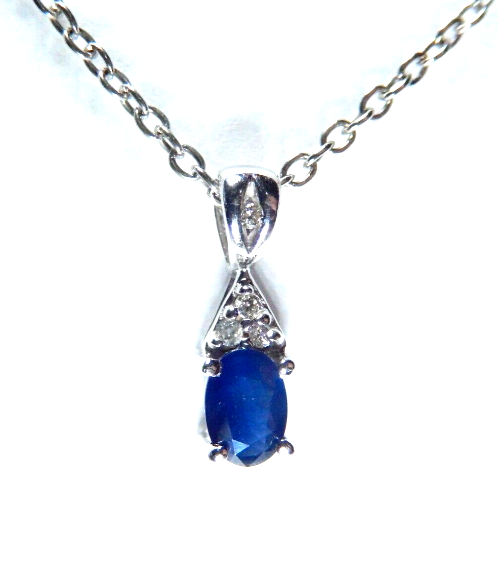 *NWT* 10k White Gold Natural Oval .60CT  Sapphire and Diamond Pendant w18" Chain