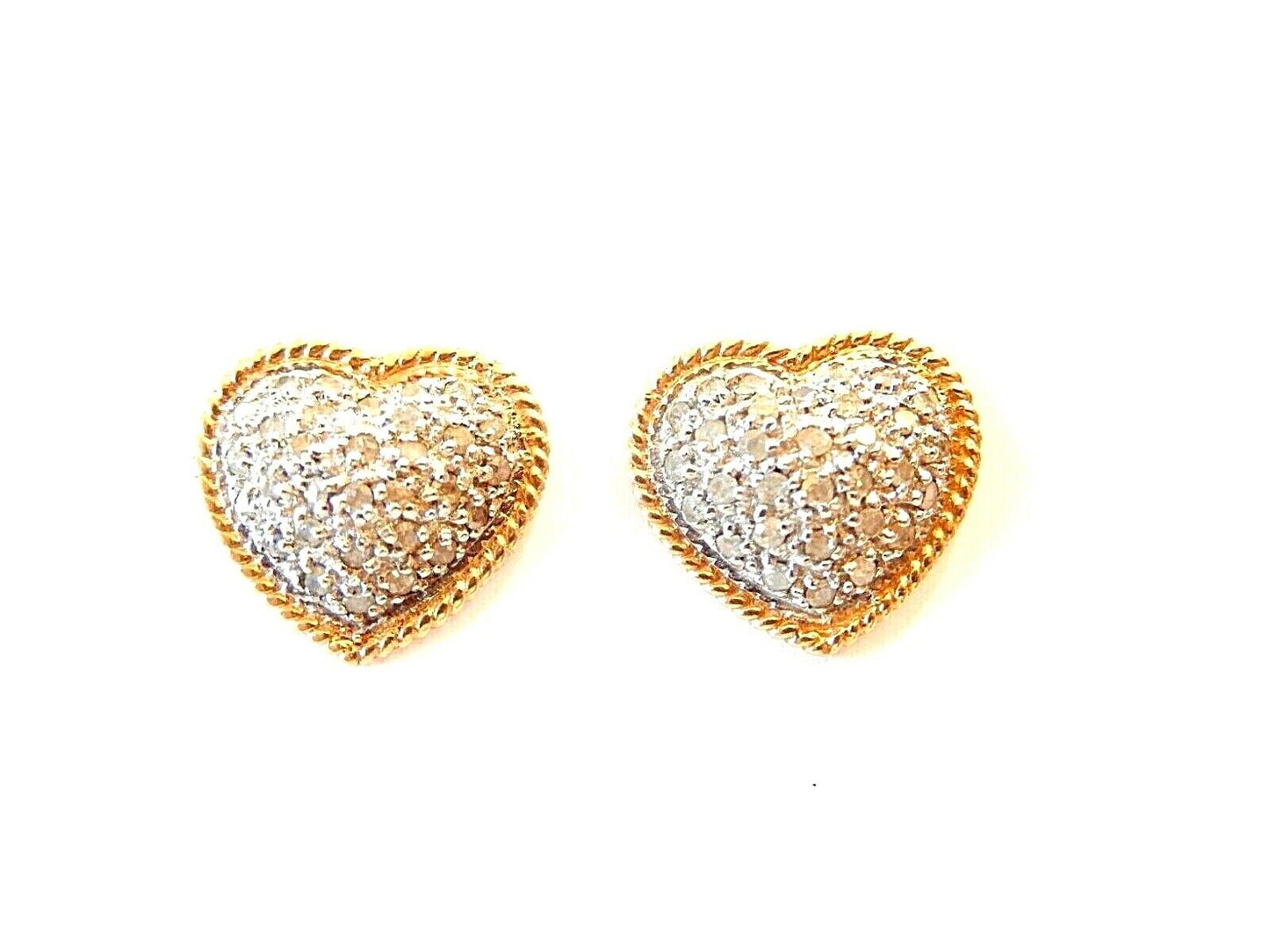 *VINTAGE*  14K Yellow Gold and .50 CT Pave' Diamond Heart Earrings 9/16" x 9/16"