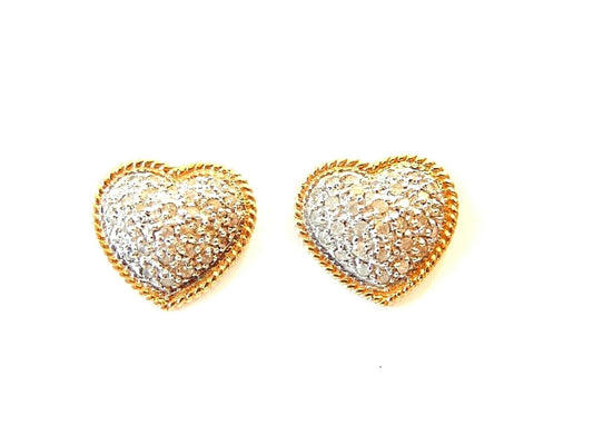 *VINTAGE*  14K Yellow Gold and .50 CT Pave' Diamond Heart Earrings 9/16" x 9/16"