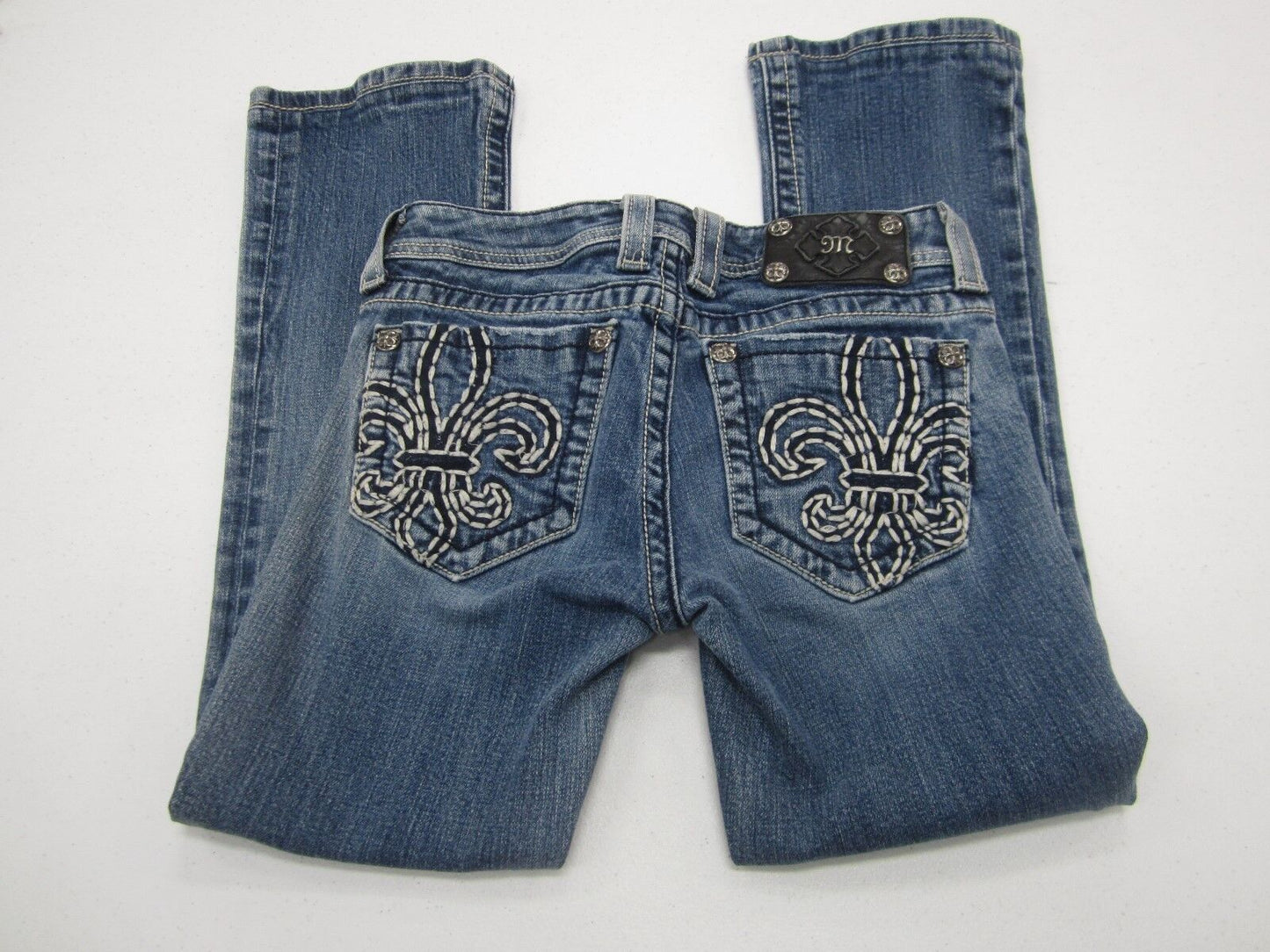 NICE MISS ME BOOT CUT EMBELLISHED SILVER EMBROIDERED FLEUR DENIM JEANS  26 X 26