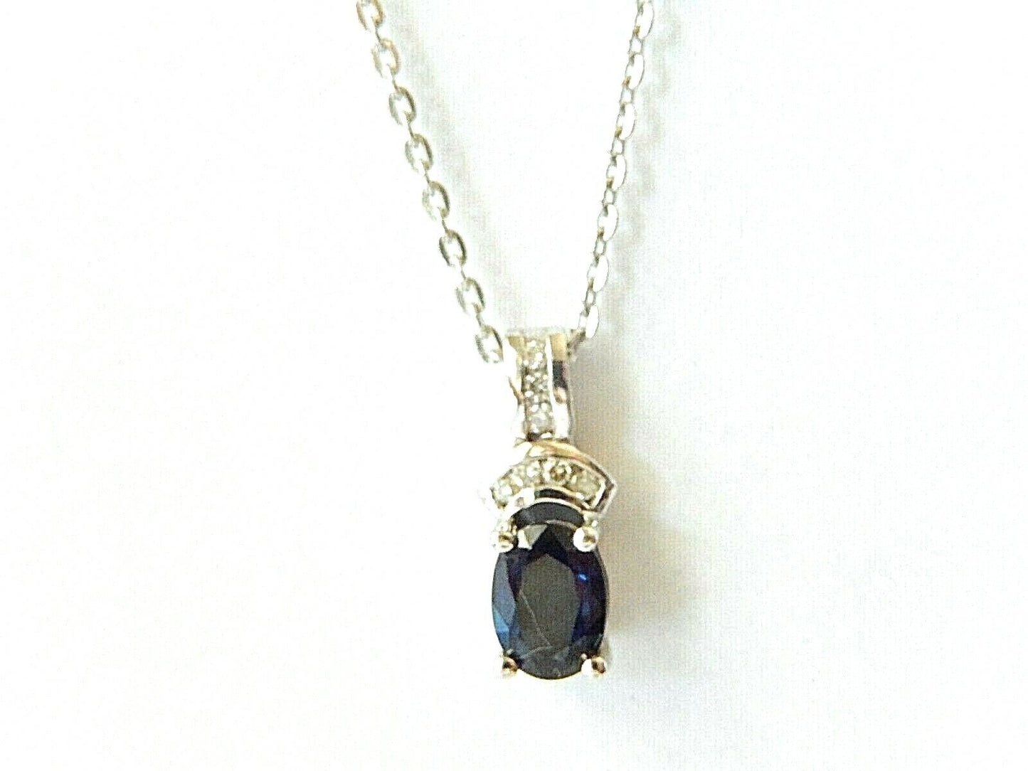 14k White Gold Natural Blue Sapphire & Diamond Pendant Necklace with 18" Chain