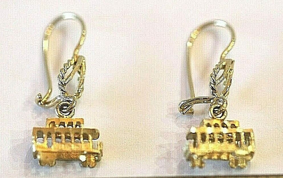 14KT Yellow Gold Unique 3 D  Trolley Car Dangle Drop Earrings 1 1/8"  x  1/2"