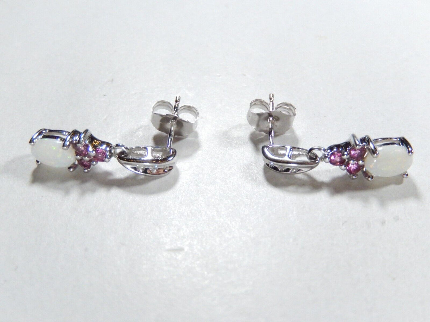 10K White Gold Ruby & Diamond & Opal Drop Dangle Earrings 19mm x 5.5mm