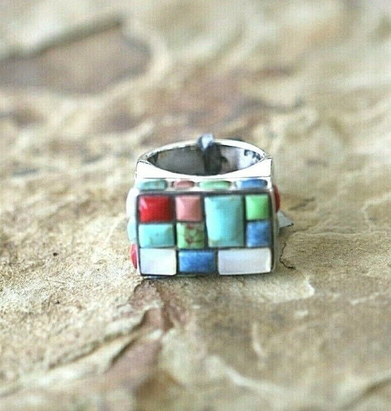 * VINTAGE* Native American Sterling Silver Multi-Color Stone Ring Size 8.25