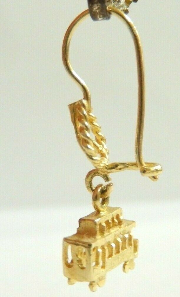 14KT Yellow Gold Unique 3 D  Trolley Car Dangle Drop Earrings 1 1/8"  x  1/2"