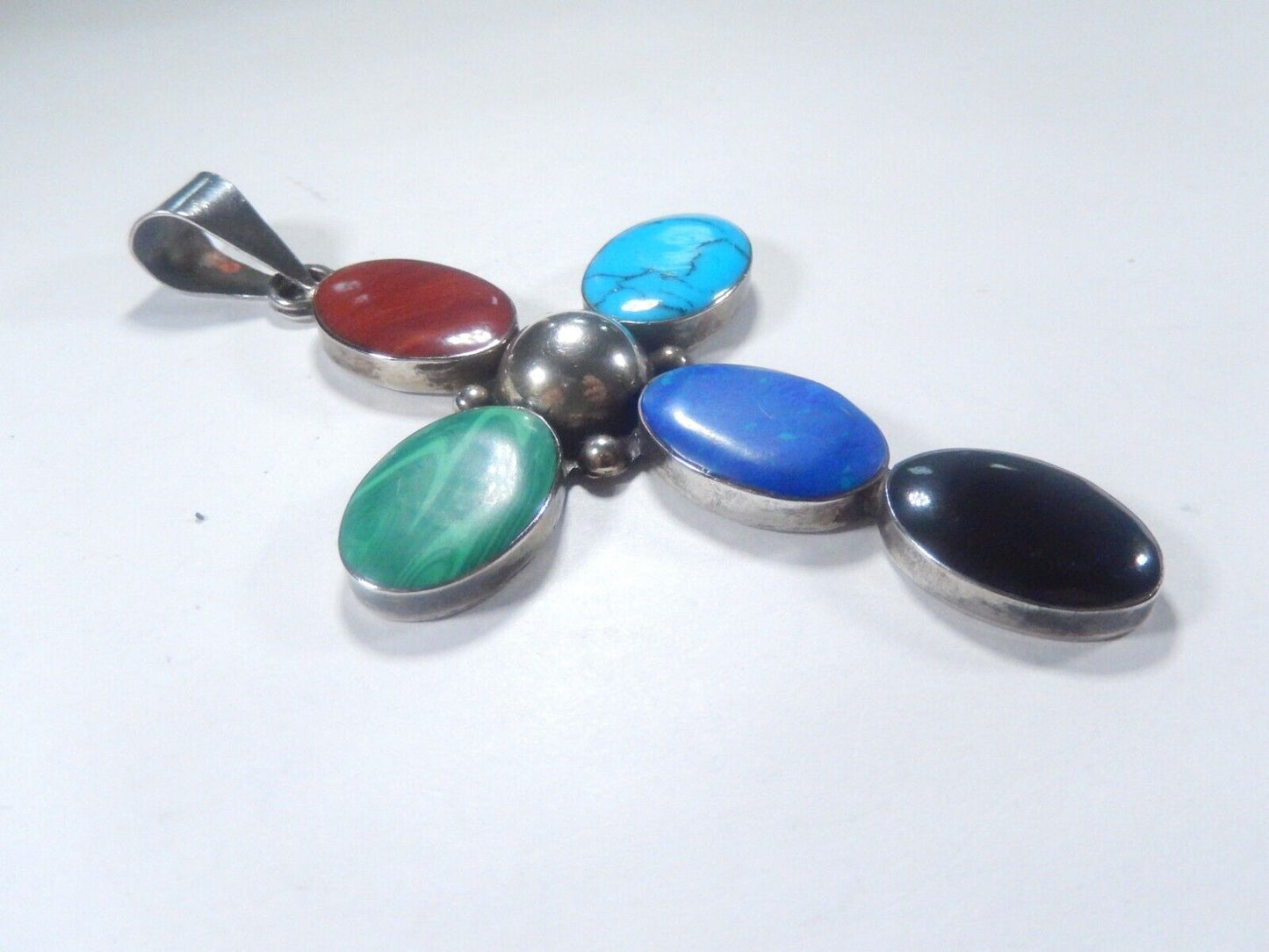 *VINBTAGE*  Large Sterling Taxco Mexico Multi Gemstone Cross Pendant 4" Tall