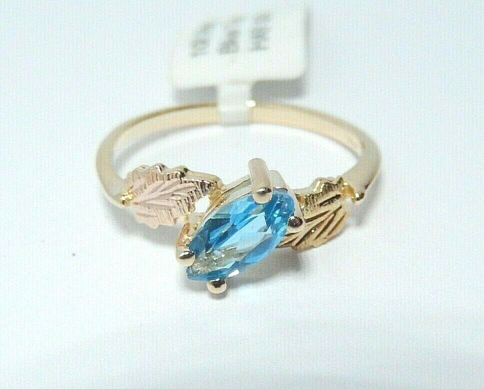 *NWT*  10K Yellow Gold Genuine Blue Topaz Two Leaf Design Ring Size 7.5