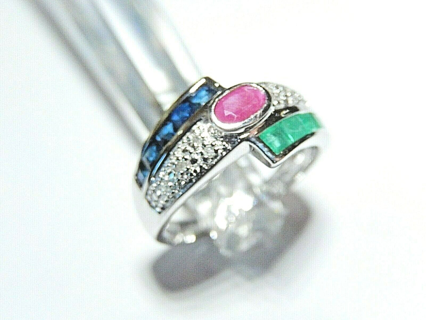 *NWT* 14K White Gold  Natural Sapphire Emerald Ruby & Diamond Ring Band Sz 6.75