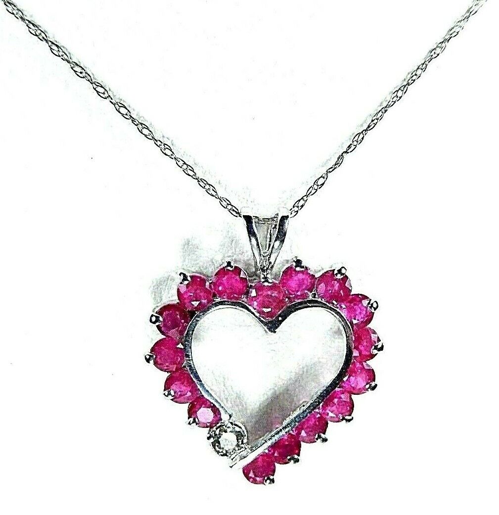 10K WHITE GOLD 1.5 CTW ROUND NATURAL RUBIES & DIAMOND HEART PENDANT w/18" Chain