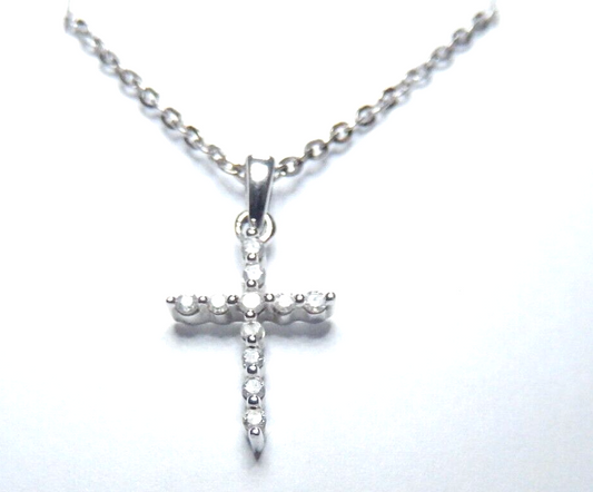 *VINTAGE*  10K White Gold 1/10ctw Natural Diamond Cross Pendant w/18" Chain