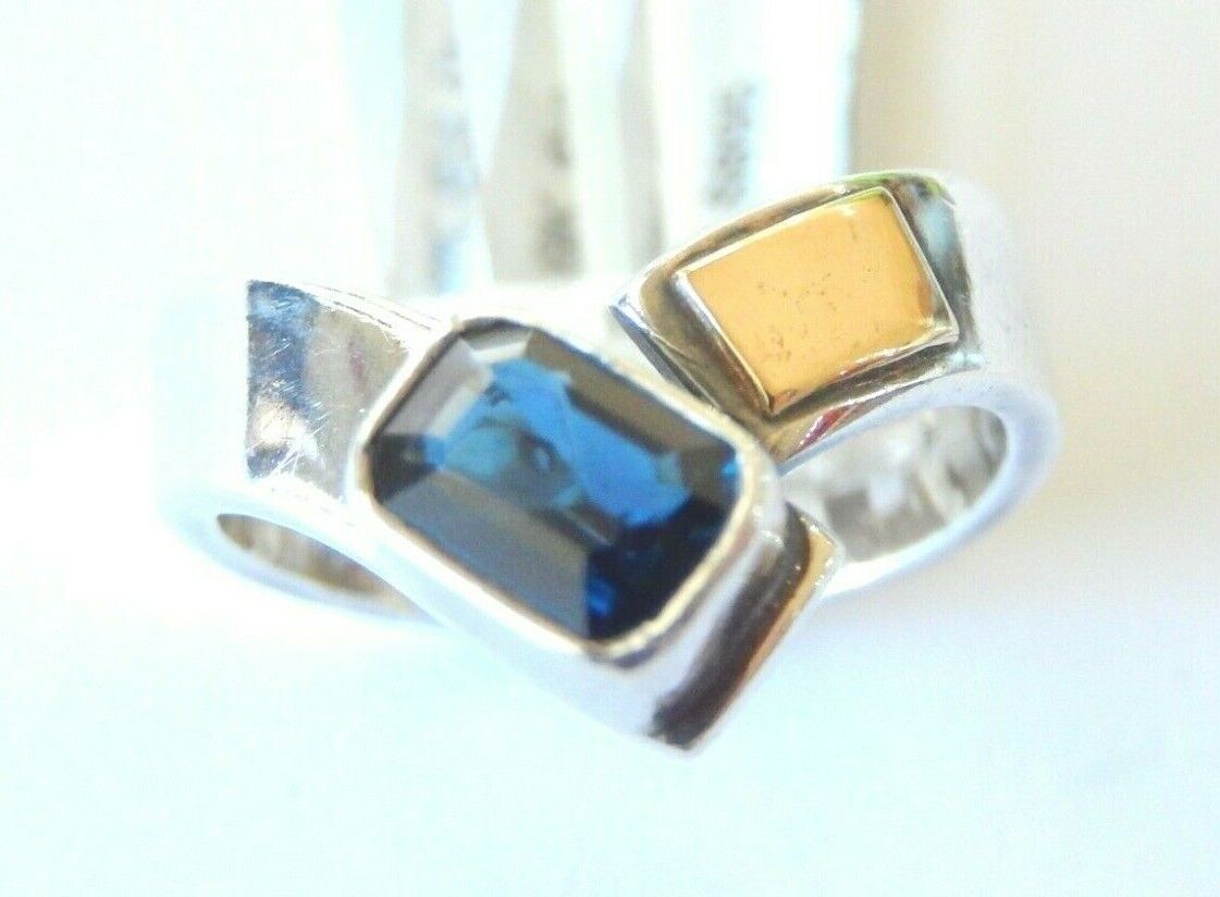 *VINTAGE* Sterling & 18K Yellow Gold Natural Dark Sapphire Ring Size 8