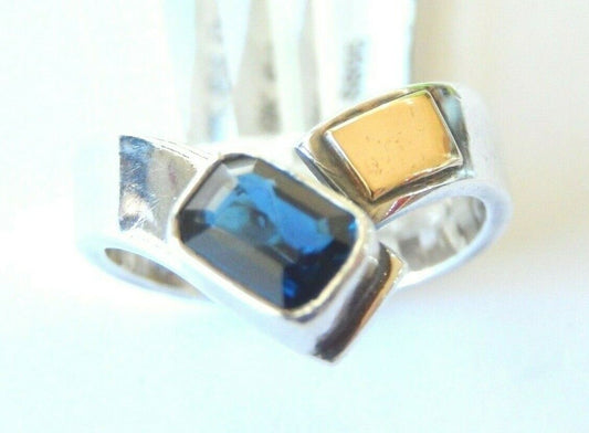 *VINTAGE* Sterling & 18K Yellow Gold Natural Dark Sapphire Ring Size 8