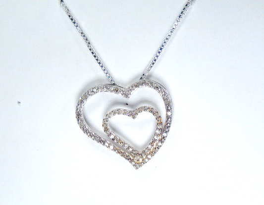 *VINTAGE*  Sterling Silver Double Heart Necklace CZ  Pendant w/18"chain
