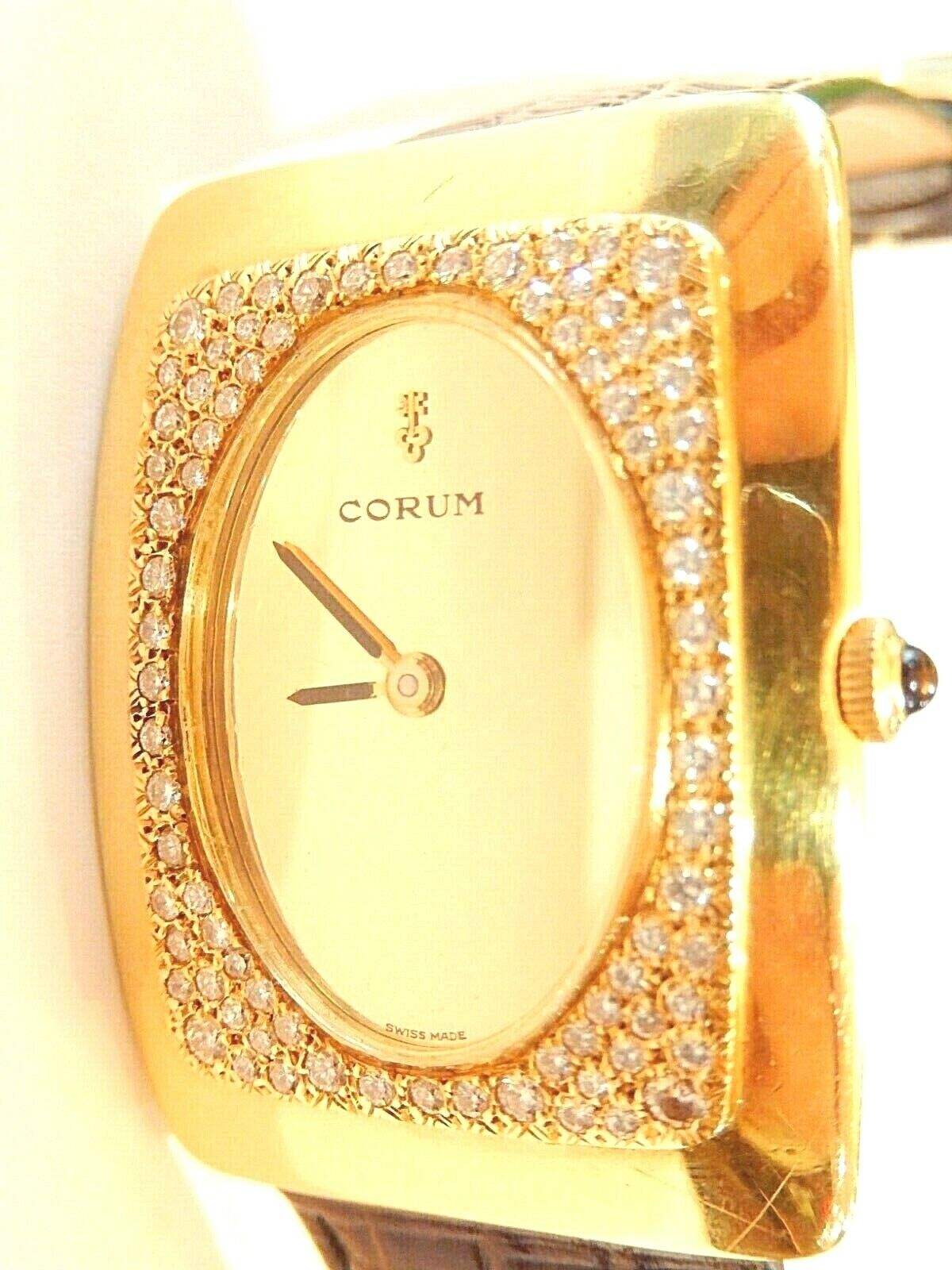 Men's CORUM 18k Yellow Gold & 82 VS Diamond Hand-Winding Watch w/ Leather Band