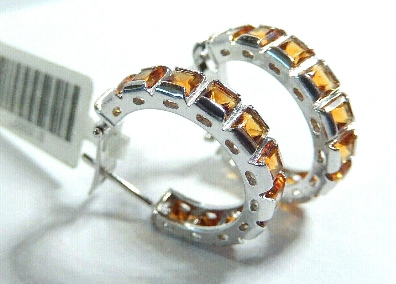 *NWT* 14K Solid White Gold 4.5CT Citrine Hoop 4.5mm Thick Earrings 3/4" Diam