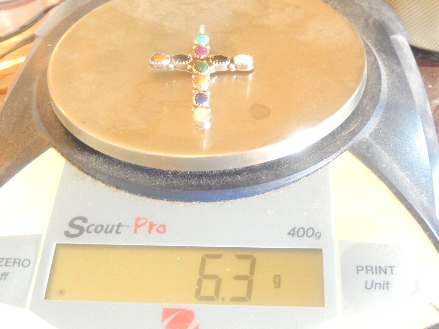 *VINTAGE*   Large Sterling Silver Handmade Multi Gemstone Cross Pendant