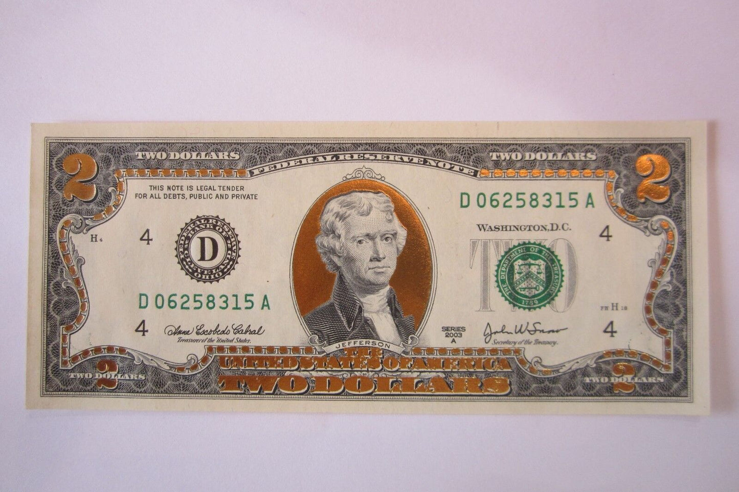22 K GOLD LEAF- 2 DOLLAR BILL-  COLLECTOR  LEGAL NOTE- D06258315A