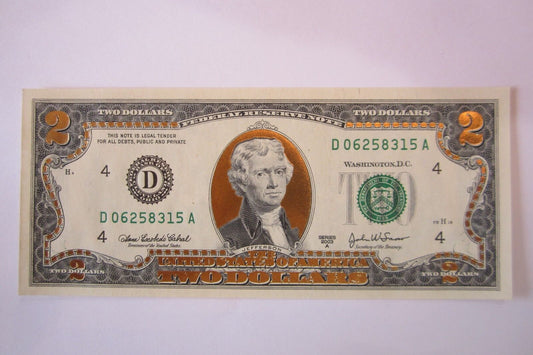 22 K GOLD LEAF- 2 DOLLAR BILL-  COLLECTOR  LEGAL NOTE- D06258315A