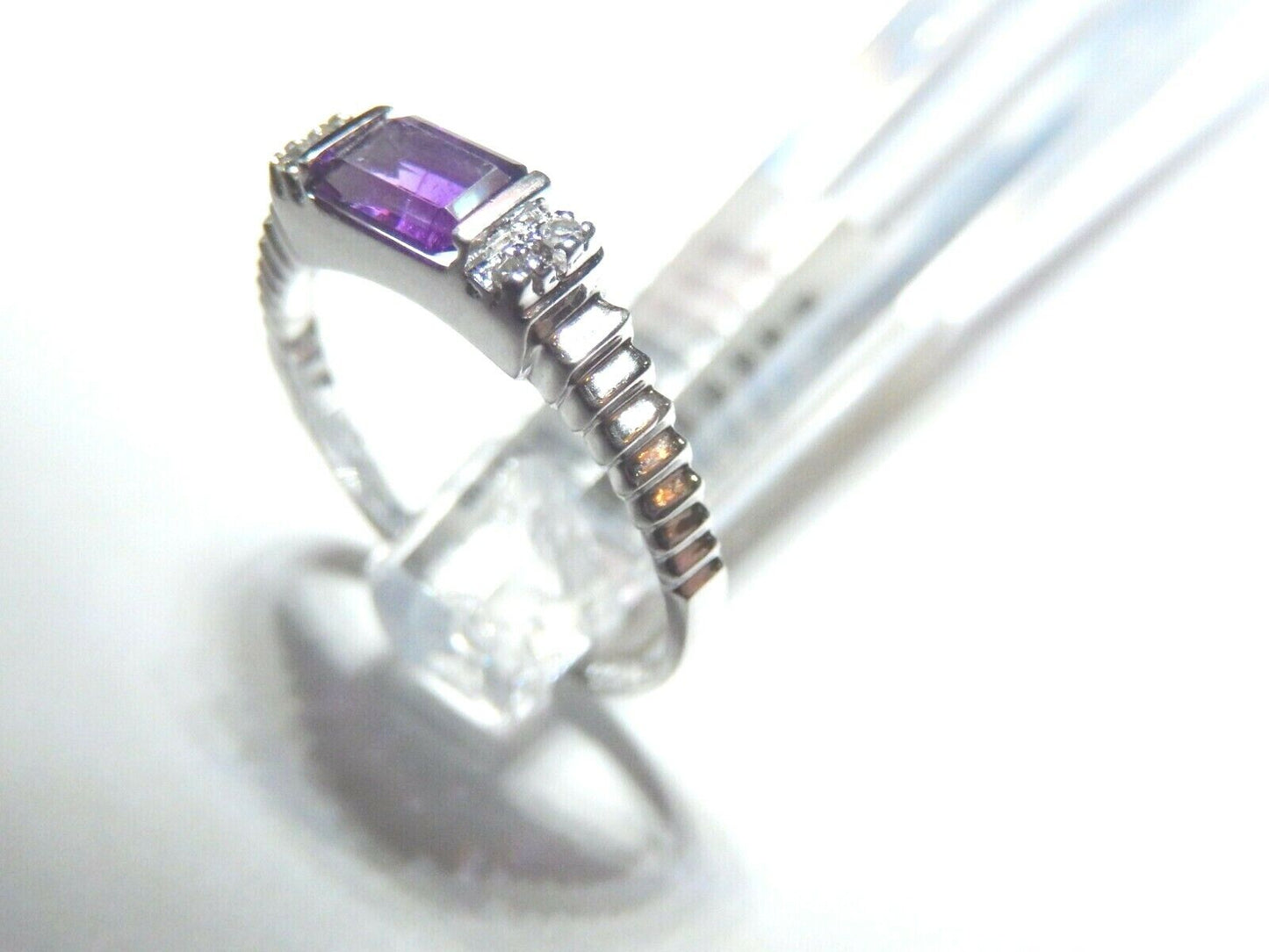 *NWT* 10K White Gold Amethyst & Diamond Modern Style Ring Size 7