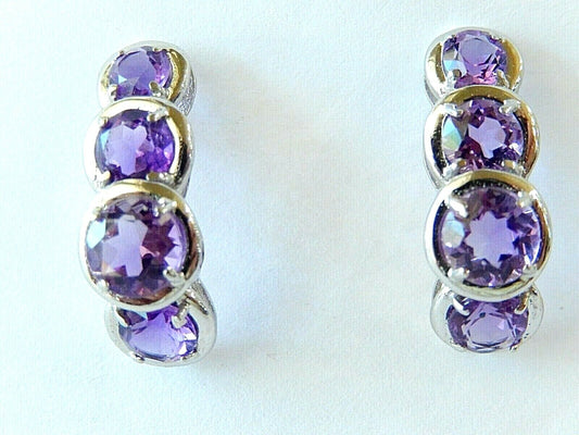 *NWT* 14K White Gold 4Ct Round Cut Amethyst Long Stud Earrings 1" x 5/16"