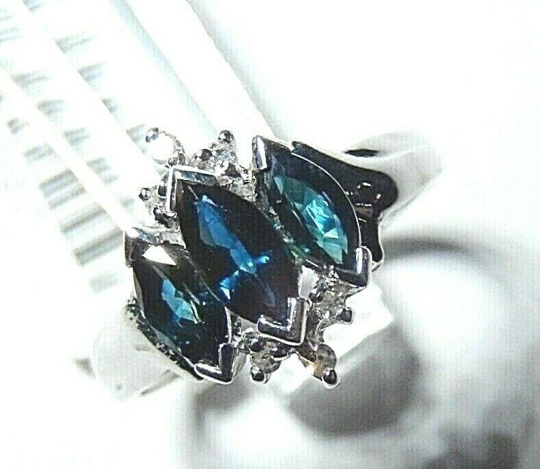 *NWT* 10k White Gold Marquise Sapphire And Six Diamond Three Stone Ring Size 7