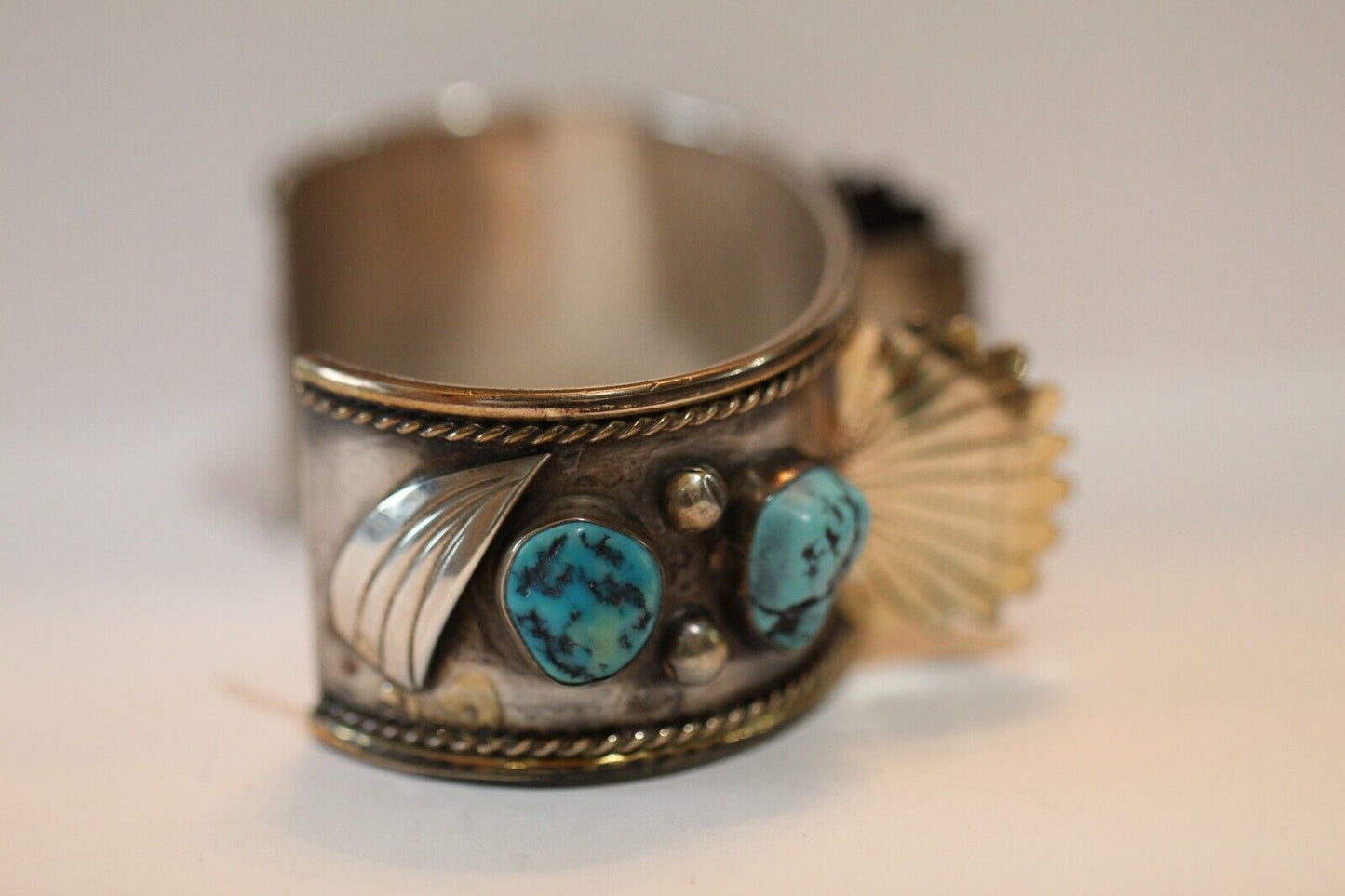 Native American Indian Turquoise Nuggets Sterling Silver Stamped Watch Bracelet