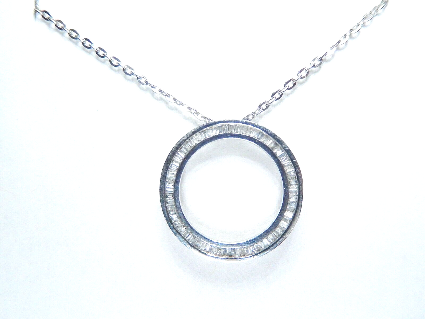 10K WHITE GOLD .33CT BAGUETTE DIAMOND  CIRCLE OF LOVE PENDANT  w/ 18" Chain
