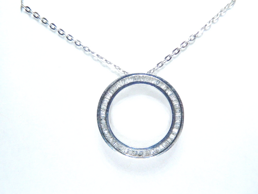10K WHITE GOLD .33CT BAGUETTE DIAMOND  CIRCLE OF LOVE PENDANT  w/ 18" Chain