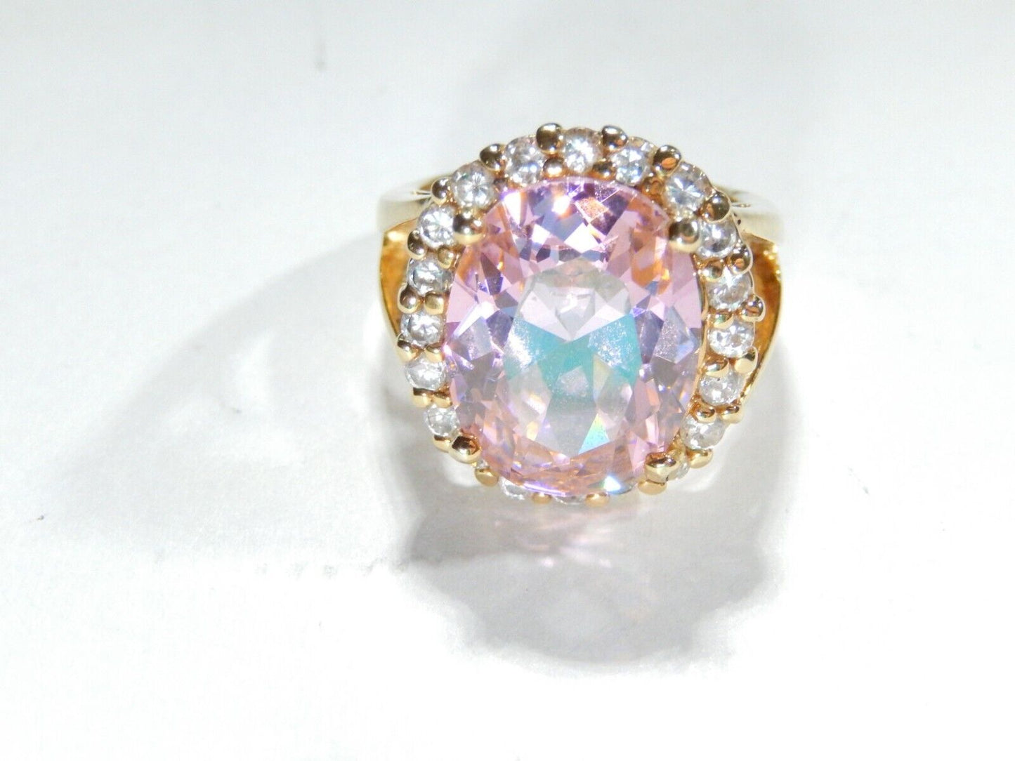 *VINTAGE* Sterling Gold Vermeil CZ Pink & White 13.0CT Oval Cocktail Ring Sz 6.5