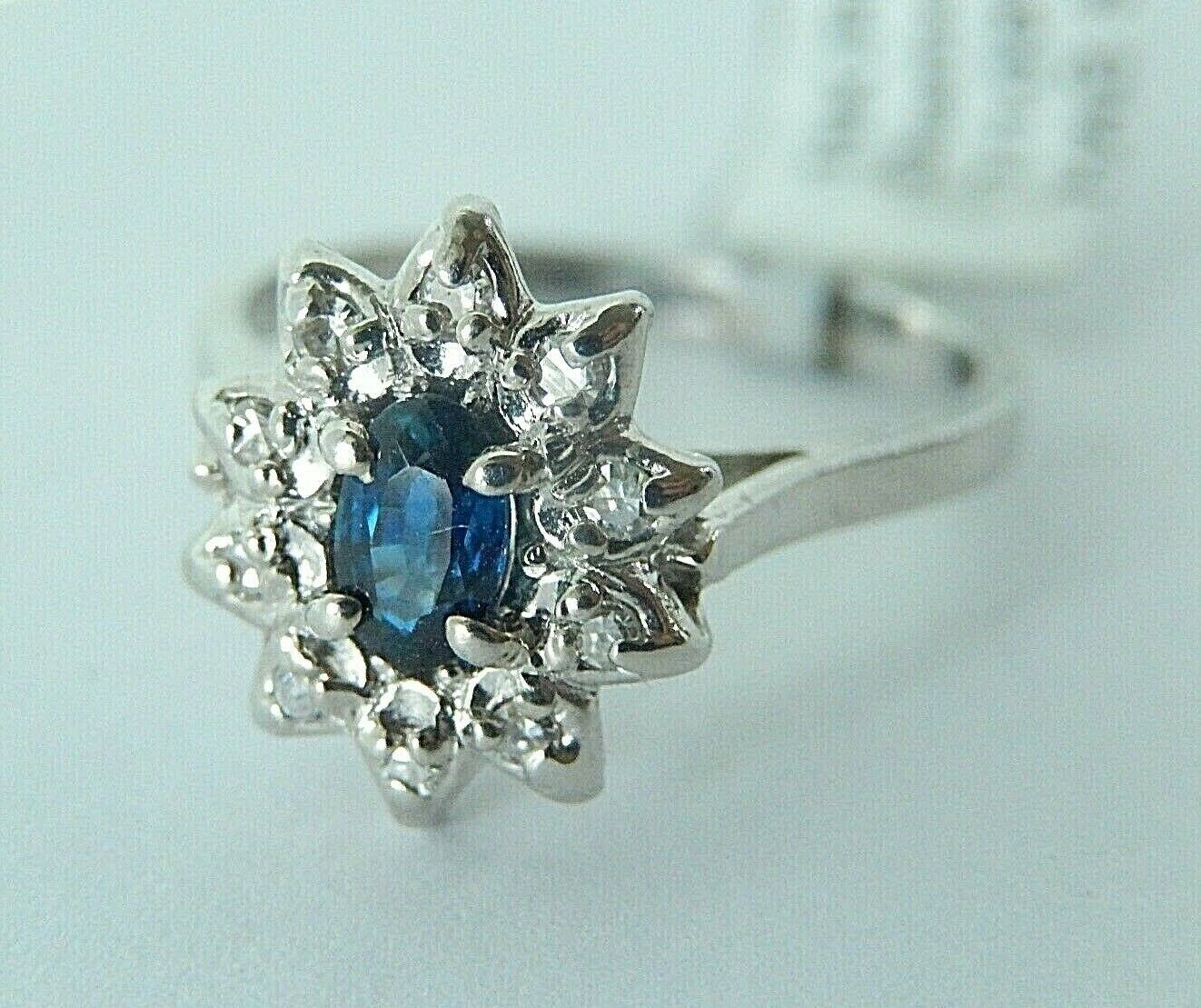 14K White Gold Oval Cut Natural Blue Sapphire & Diamond Halo Ring Sz 5.5