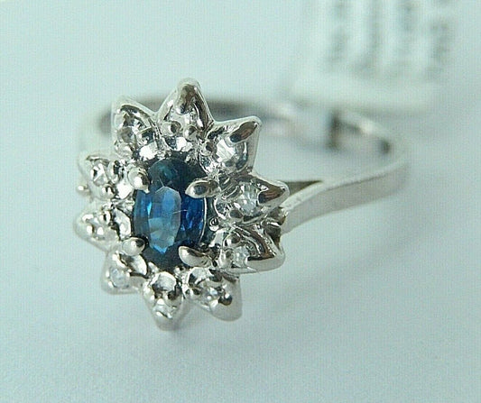 14K White Gold Oval Cut Natural Blue Sapphire & Diamond Halo Ring Sz 5.5