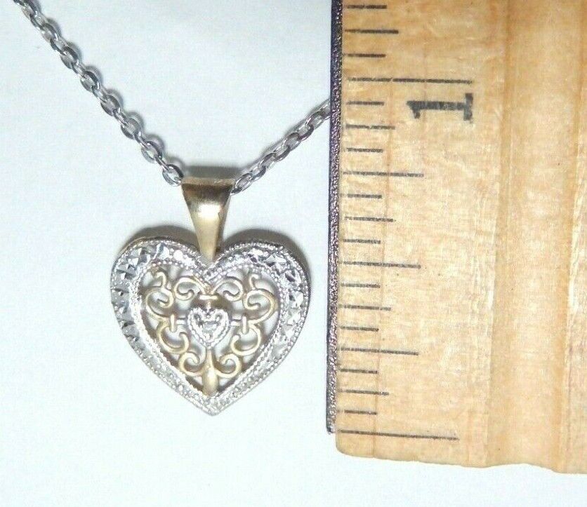 *VINTAGE*  10K Two-Tone Gold Diamond Filigree Heart Pendant w/ 18" Chain