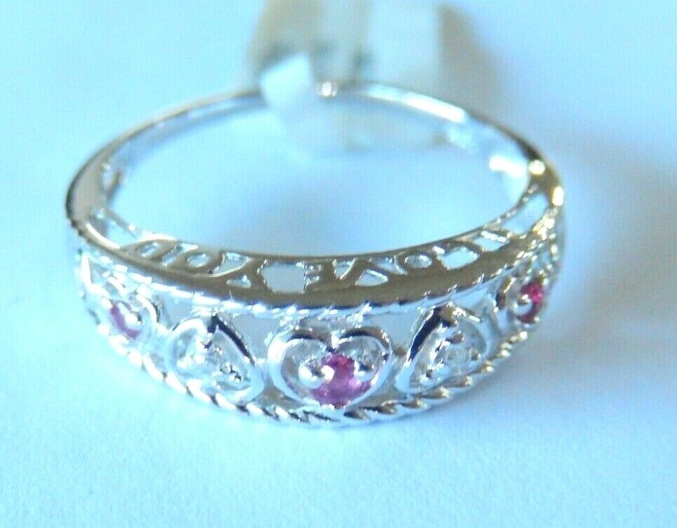 *NWT* 10K White Gold Diamond & Ruby Hearts " I LOVE YOU" Band Ring Size 8.25