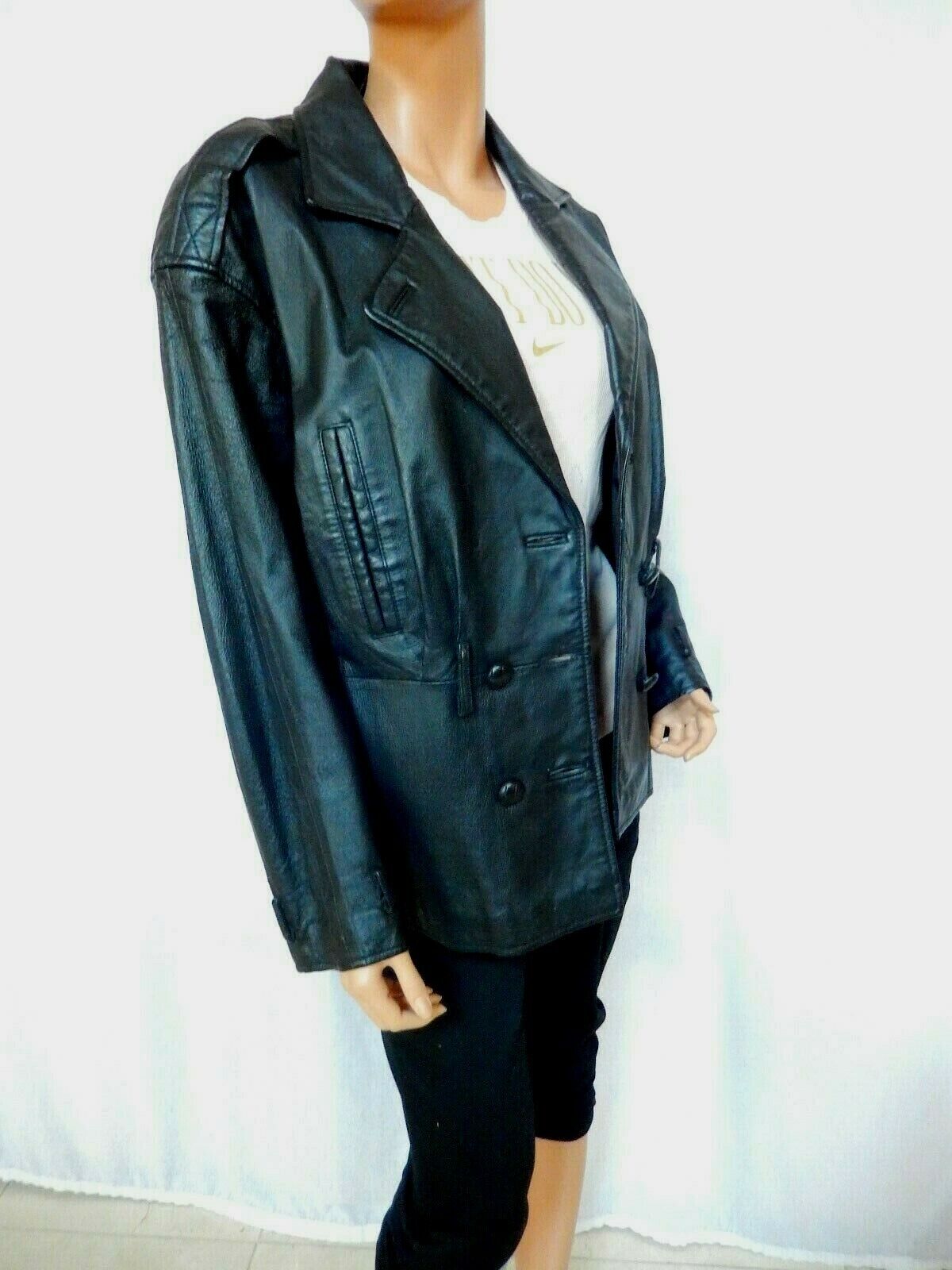 Vintage Women's SPIEGEL Genuine Black Leather Coat Double Breasted Jacket Size L