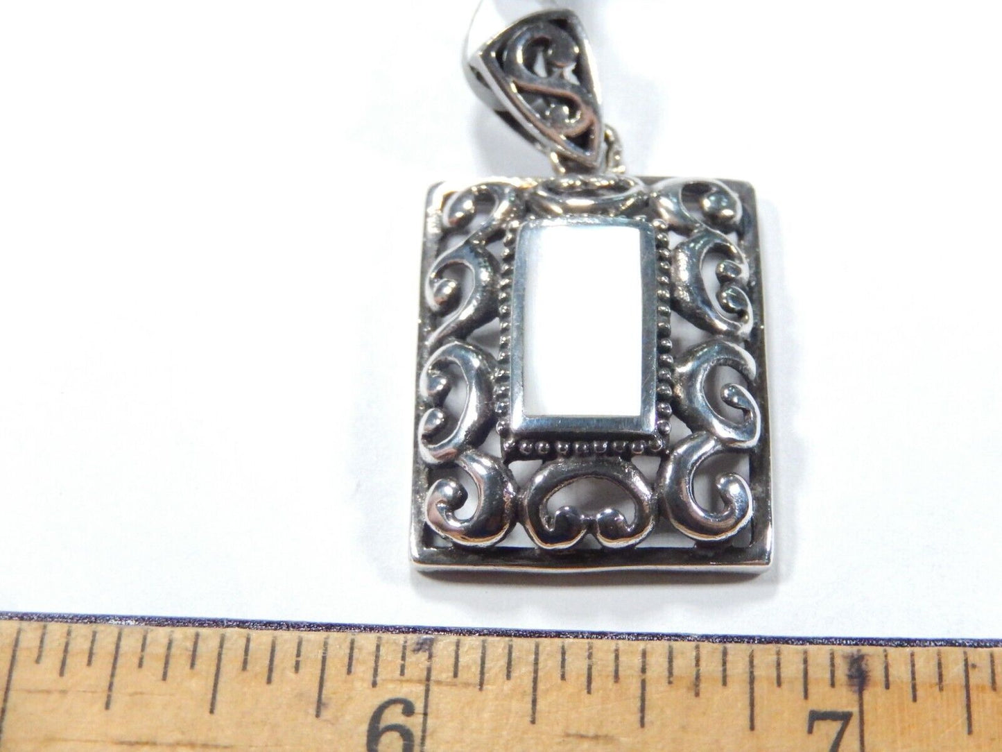 *VINTAGE* Sterling Silver Rectangle White MOP Filigree Openwork Pendant