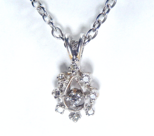 *VINTAGE*  14k White Gold & 9 Natural Diamonds Teardrop Pendant w/18" Chain